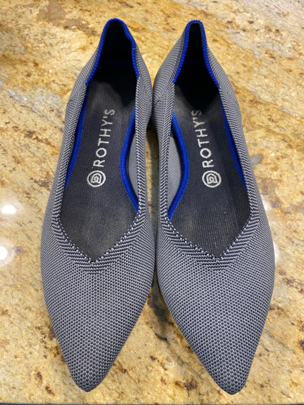 Rothy's Pointed Knit Flats in Gray with Blue Trim